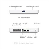 Desktop 10G Cloud Gateway with integrated 4-port 2.5 GbE switch, selectable NVR storage, and full UniFi application support. Includes full UniFi application suite for device management. Manages 50+ UniFi devices and 500+ clients. 5 Gbps routing with IDS/IPS. (1) 10G SFP+ and (1) 10 GbE RJ45 WAN port. (1) 10G SFP+ LAN port. Integrated 4-port switch with (1) PoE+ port. NVMe SSD storage slot*.