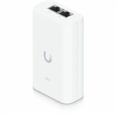 An adapter that can power UniFi PoE devices, reduce dependency on PoE switch power, and provide a Gigabit LAN connection. Delivers up to 15W of PoE Surge, peak pulse, and overcurrent protection. Contains RJ45 data input, AC cable with earth ground, and PoE output. LED indicator for status monitoring.