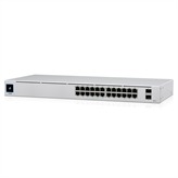 The USW-24-POE is a configurable Gigabit Layer 2 switch with twenty-four Gigabit Ethernet ports including sixteen auto-sensing 802.3at PoE+ ports, and two SFP ports. It provides Gigabit PoE links to your RJ45 Ethernet devices and Gigabit fiber uplink options to your enterprise network. The USW-24-POE features a 1.3" touch LCM to provide status information. With a depth of 7.9", the compact fanless design can be easily installed in a SOHO rack cabinet.