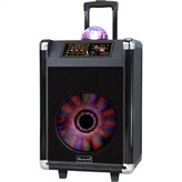 12" High Efficiency Woofer Builtin Bluetooth Compatible Allows Your Speaker to Wirelessly Connect to Bluetooth Enabled Devices Rechargeable Battery 12V 4.5 aH USB and Micro SD Inputs Allows You to Play Your NonBluetooth External Audio Devices Disco Ball Light FM Radio 1 Mic Input 1 mic included 1 Guitar Input AC Power Supply: 100V 240V 50Hz 60Hz DC Compatible 12V 4.5 aH Builtin Handle and Wheels Remote Control Included System Type: 12 High Performance Speaker Frequency Response: 30Hz 20KHz Sensitivity 1w 1m: 65dB Impedance: 4 ohm Peak Power Capacity: 600 Watts RMS Power: 30W Program Power: 80W