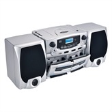 Bluetooth 5.0 Compatible: Wirelessly Connect to all Bluetooth Enabled Devices. Top Loading MP3/CD Player, AM/FM Radio. Built-in USB Input Compatible: Play Media Devices Such as Flash Drives and MP3 Players, Double Cassette Recorder, Record from CD, Radio or Built-in Microphone, Built-in Microphone, Programmable Track Memory, 2 Dynamic High Performance Detachable Speakers, Play/Pause, Search, Skip, Repeat Functions. Rotary Volume Control, Telescopic FM Antenna, Remote Control Included, Headphone Jack, AC 110/220V Operated, Battery Operation: 8 x D Batteries (not included) Power Supply: AC: 110/220V Dual Voltage, DC: 12V (8 x D Batteries) Power Consumption: 21W, Operation Temperature: +5 ?C + 35 ?C, Frequency Range: AM: 530-1700 kHz, FM: 88-108Mhz, Frequency Response: 125-6300Hz, Supported Audio Formats: MP3/CD Audio & Cassette, Headphone Jack: 3.5mm Stereo.